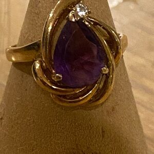 14K 585 Yellow Gold Amethyst And Diamond Ring